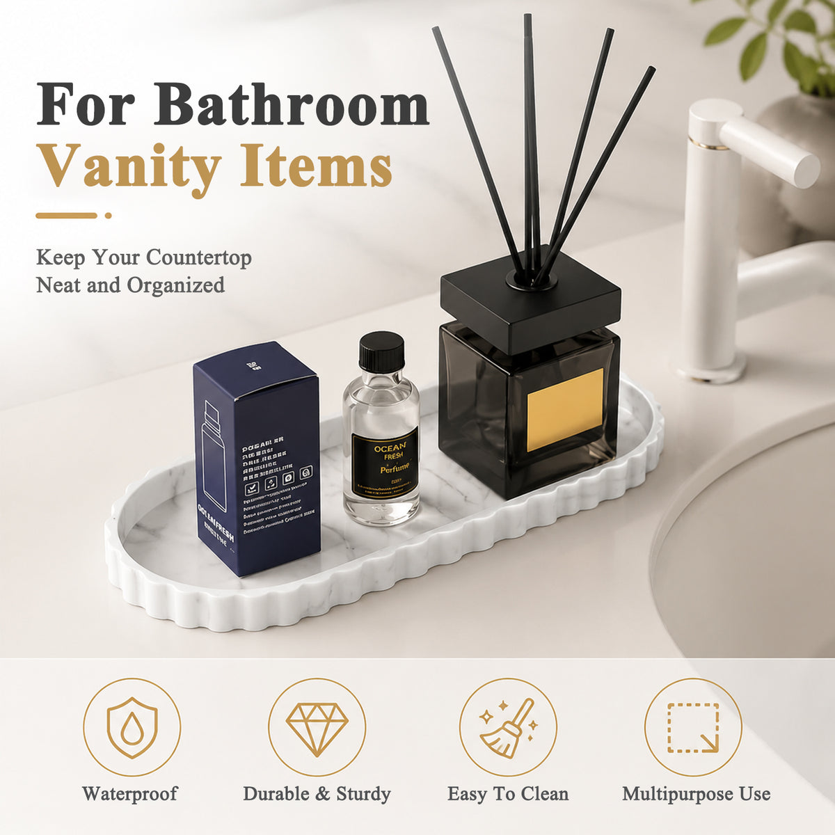 HASTHIP Silicone Vanity Tray with White Marble Look, Lace Edge and Easy-Wipe Surface for Home