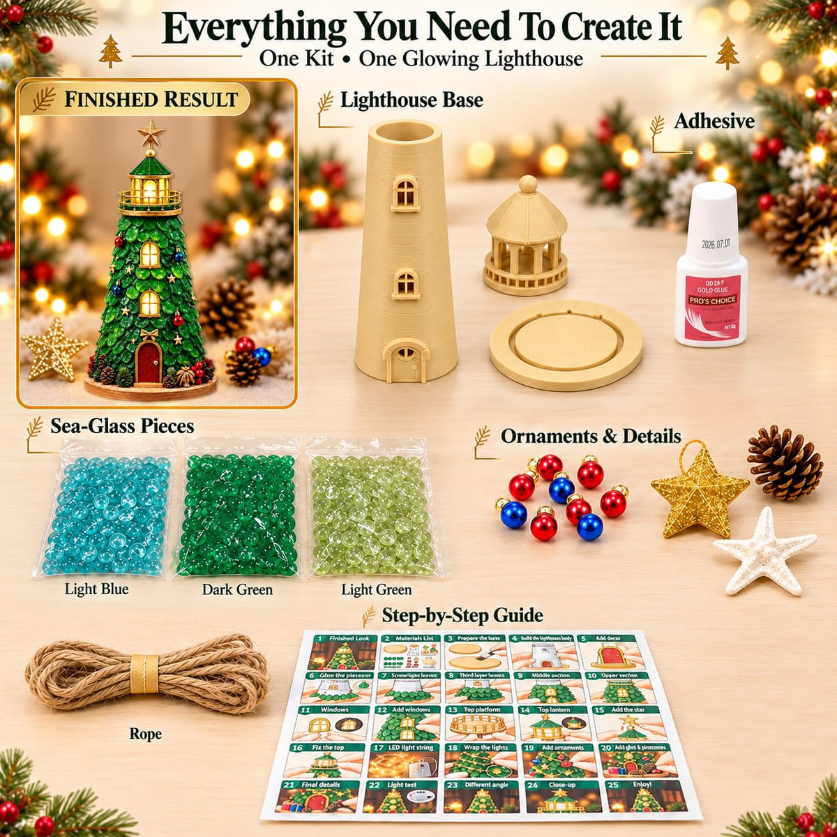 HASTHIP DIY Mosaic Lighthouse Building Kit with Warm LED Light for Christmas Tabletop Decor
