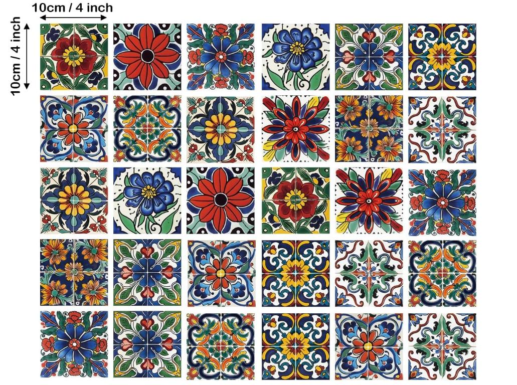 HASTHIP Peel and Stick Tile Decals, 30 Vinyl Stickers, 10 x 10 cm Mediterranean Floral Patterns