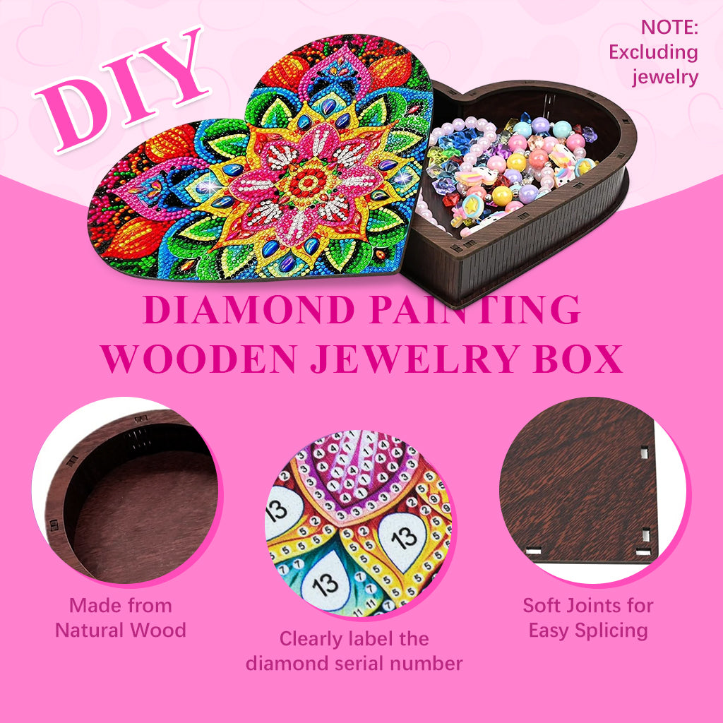 HASTHIP® DIY Diamond Paint Art Kit Colorful Mandala Flower Wooden Jewelry Box Assembly Empty Heart-shaped Wooden Storage Organizer DIY Diamond Paint Gift Box Christmas Gift Birthday Gift, 22x20x4cm