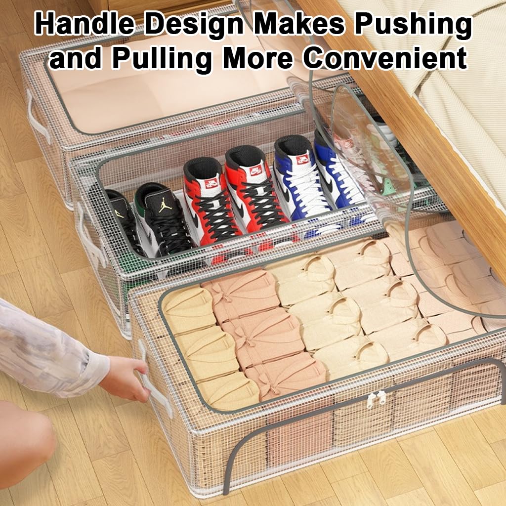 HASTHIP® 3PCS Under Bed Shoe Storage Box Organizer with Zip-up Cover,Stackable Foldable Shoe Container for Closet Space Saving,Clear Window Drawer for Sneakers Heels Boots