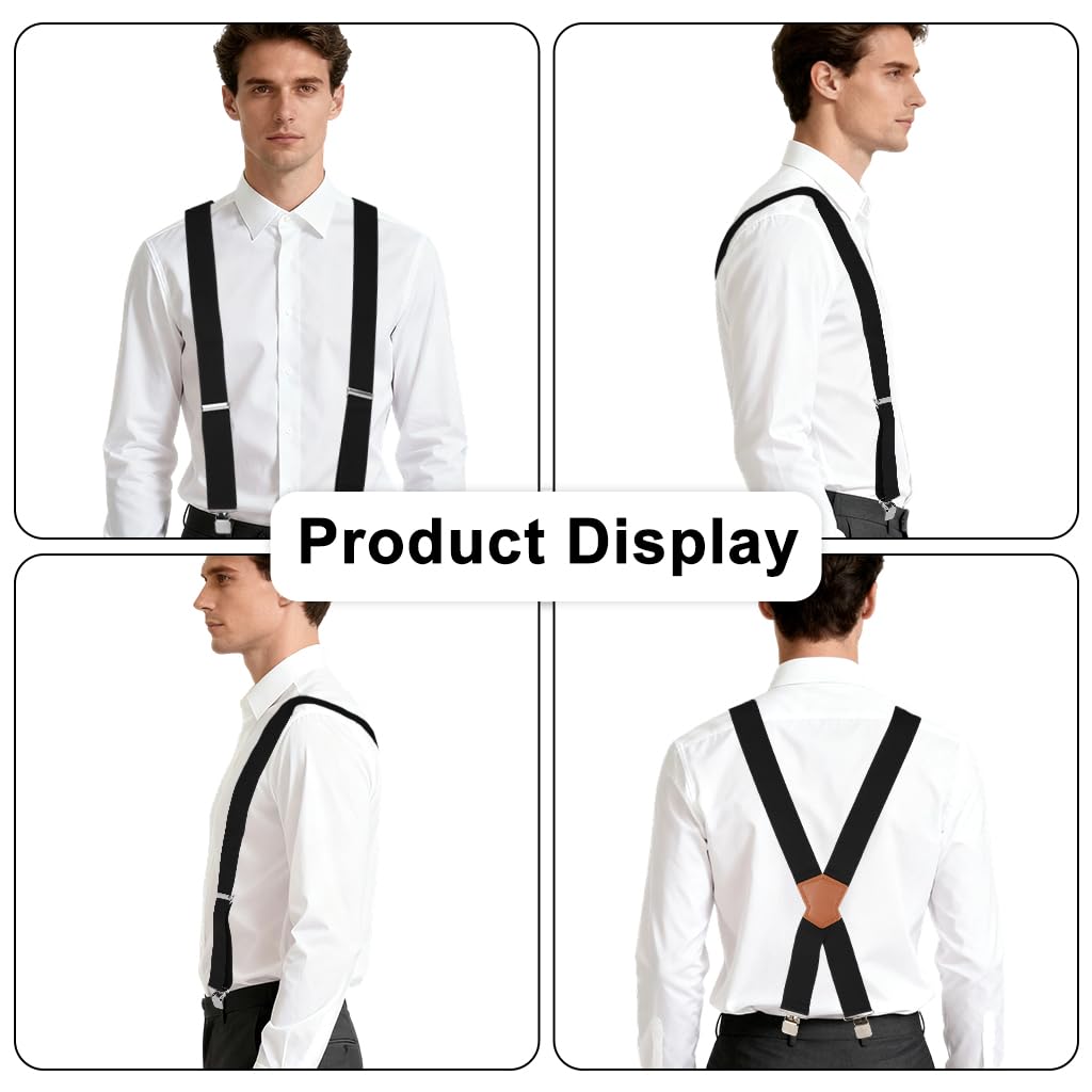 HASTHIP Suspenders for Men, 2 Inch Wide Elastic X-Back Braces with Leather Patch and Strong Clips, Adjustable Fit
