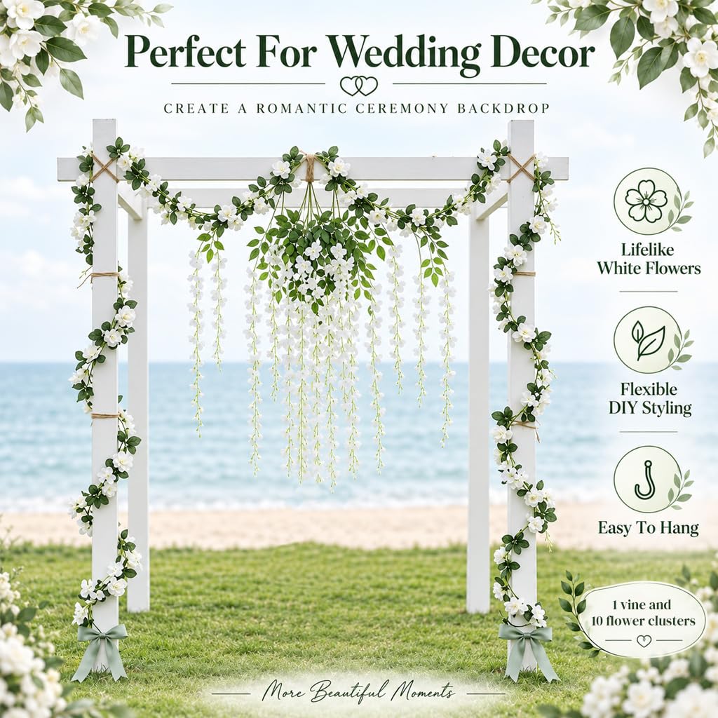 HASTHIP White Artificial Wisteria Garland, 2,5 m with 10 Silk Flower Strands for Wedding Decor