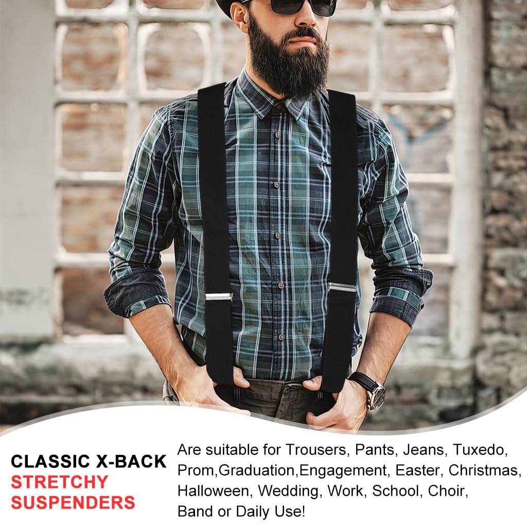 HASTHIP Suspenders for Men, 2 Inch Wide Elastic X-Back Braces with Leather Patch and Strong Clips, Adjustable Fit