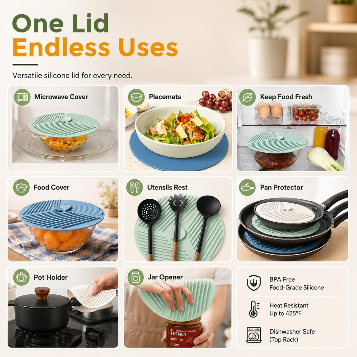 HASTHIP Silicone Lids for Bowls, Three Sizes, Microwave Splatter Covers and Heat-Resistant Mats