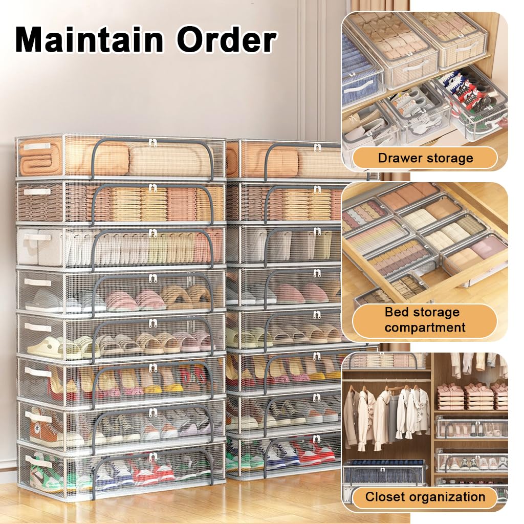 HASTHIP® 3PCS Under Bed Shoe Storage Box Organizer with Zip-up Cover,Stackable Foldable Shoe Container for Closet Space Saving,Clear Window Drawer for Sneakers Heels Boots