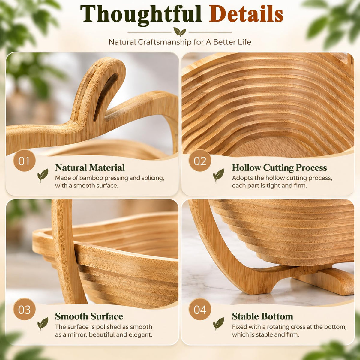 HASTHIP Foldable Bamboo Fruit Basket with Space-Saving Design and Stable Cross-Support Base