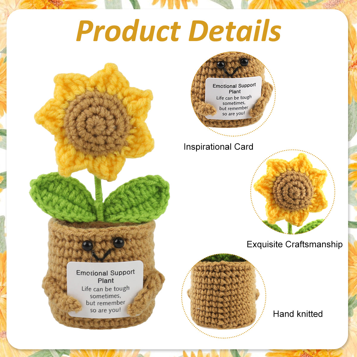HASTHIP® Crochet Sunflower Pot 5.91 inches Motivational Desk Decor Cute Smile Artificial Sunflower Flowers with Inspirational Cards Lovely Stuffed