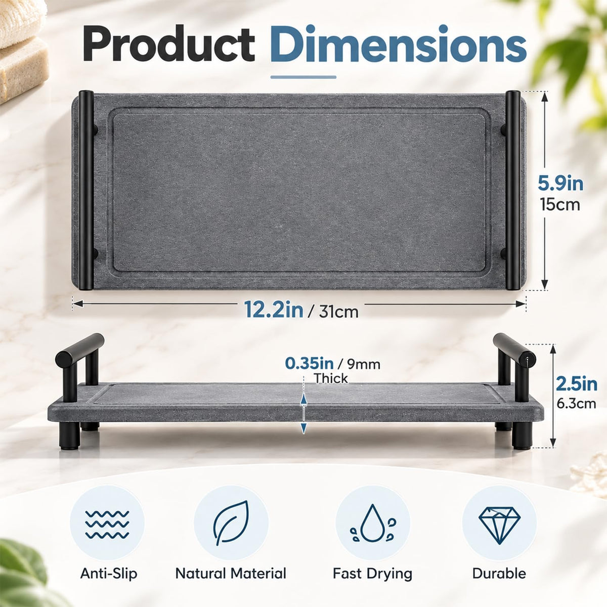 HASTHIP Diatomaceous Earth Sink Caddy, Fast-Drying Dark Grey Tray for Kitchen and Bathroom