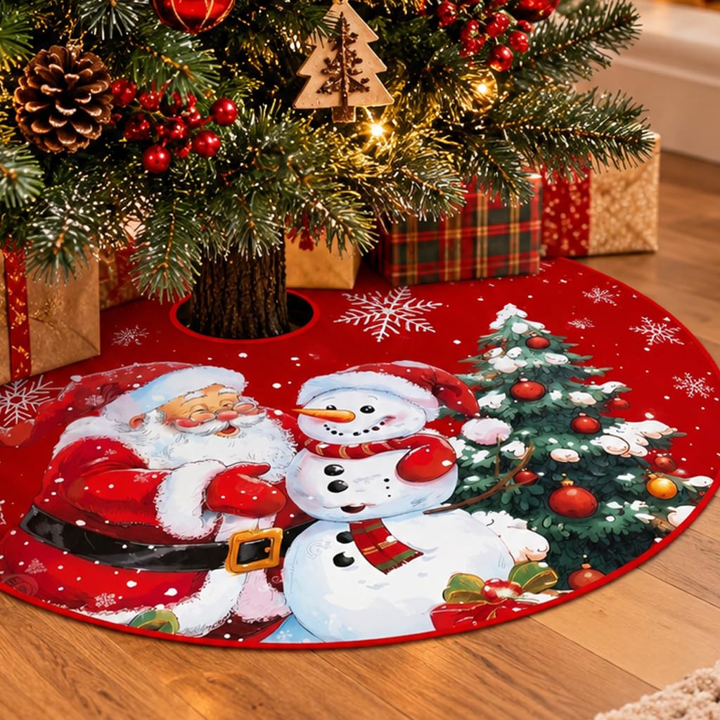 HASTHIP Christmas Tree Skirt, 35 Pulgadas (89 cm), Red Plush with Snowman and Snowflake Prints