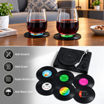 HASTHIP Retro Vinyl Record Coaster Set with Six 10cm Coasters and Record Player Holder