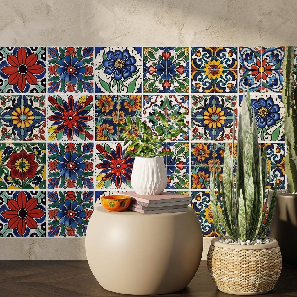 HASTHIP Peel and Stick Tile Decals, 30 Vinyl Stickers, 10 x 10 cm Mediterranean Floral Patterns