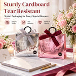 HASTHIP Metallic Foil Gift Boxes with Ring Handles, Pre-Tied Bows and Embossed Typography