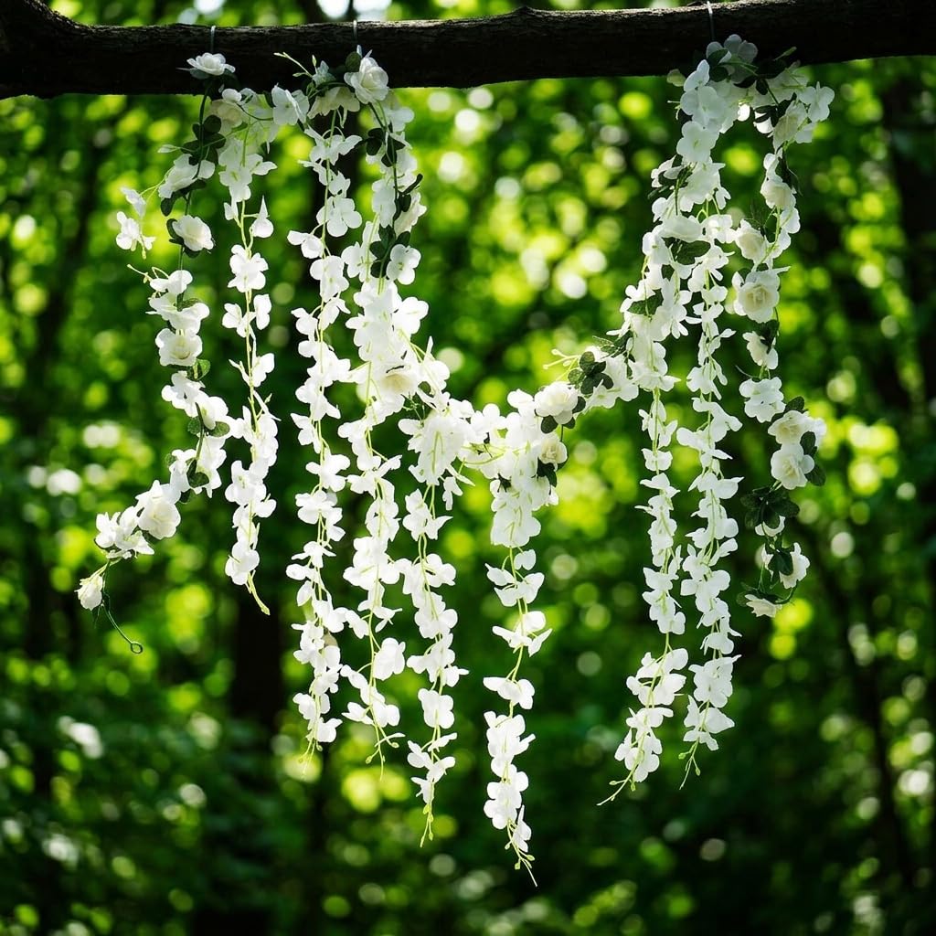 HASTHIP White Artificial Wisteria Garland, 2,5 m with 10 Silk Flower Strands for Wedding Decor