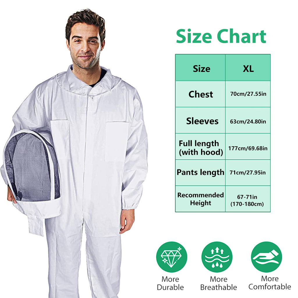 HASTHIP® Bee Suit with Protective Mesh Face Cover Hood Zip Up Long Sleeve Jumpsuit Breathable Outdoor Summer Bee Suit for 175-185cm Height Adult