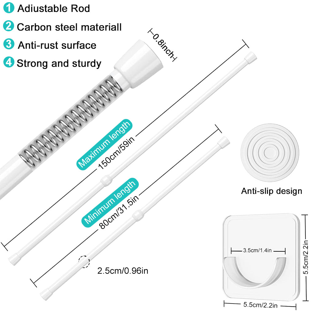 HASTHIP® 1Pack Retractable Curtain Rod with 2 Wall hook, Spring Tension Rod Short Curtian Rods No Drilling Expandable Spring Loaded Curtain Tension Rod Adjustable 32.6-59 inches, White