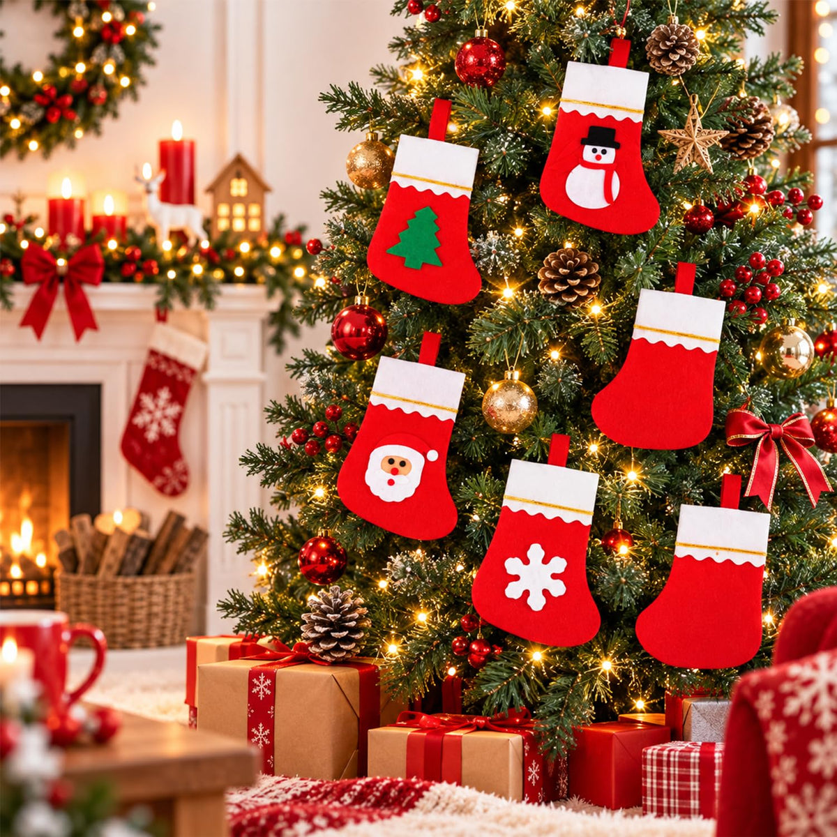 HASTHIP 12-Piece Mini Christmas Stocking Cutlery Holders with Hanging Loops and Four Festive Designs