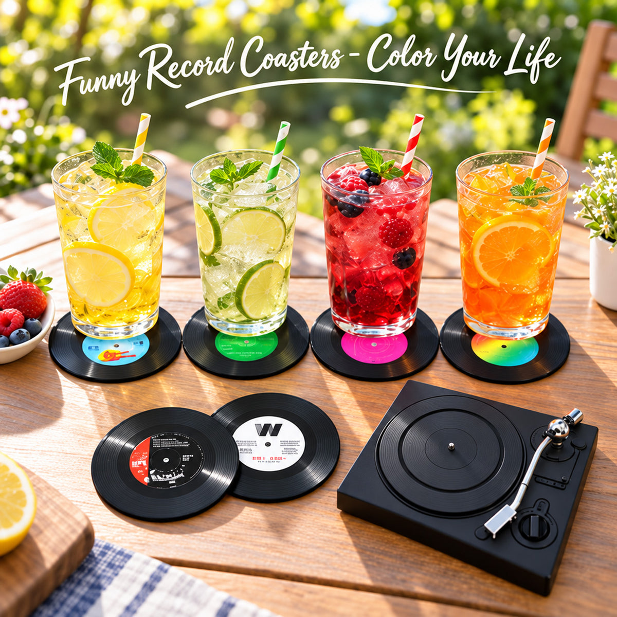 HASTHIP Retro Vinyl Record Coaster Set with Six 10cm Coasters and Record Player Holder