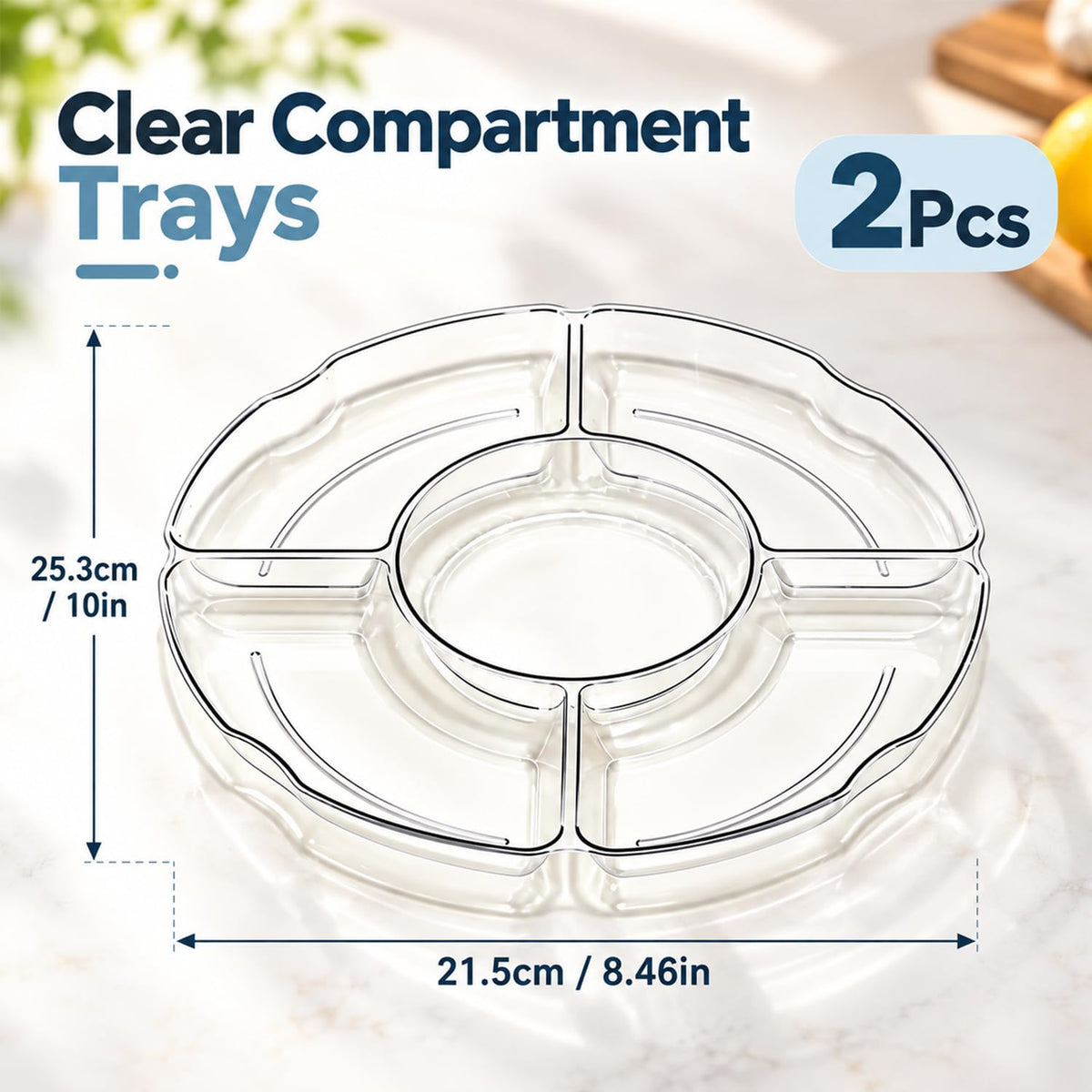 HASTHIP Clear Plastic Divided Serving Tray Set, 2 Pieces with Five Compartments and Drainage Holes