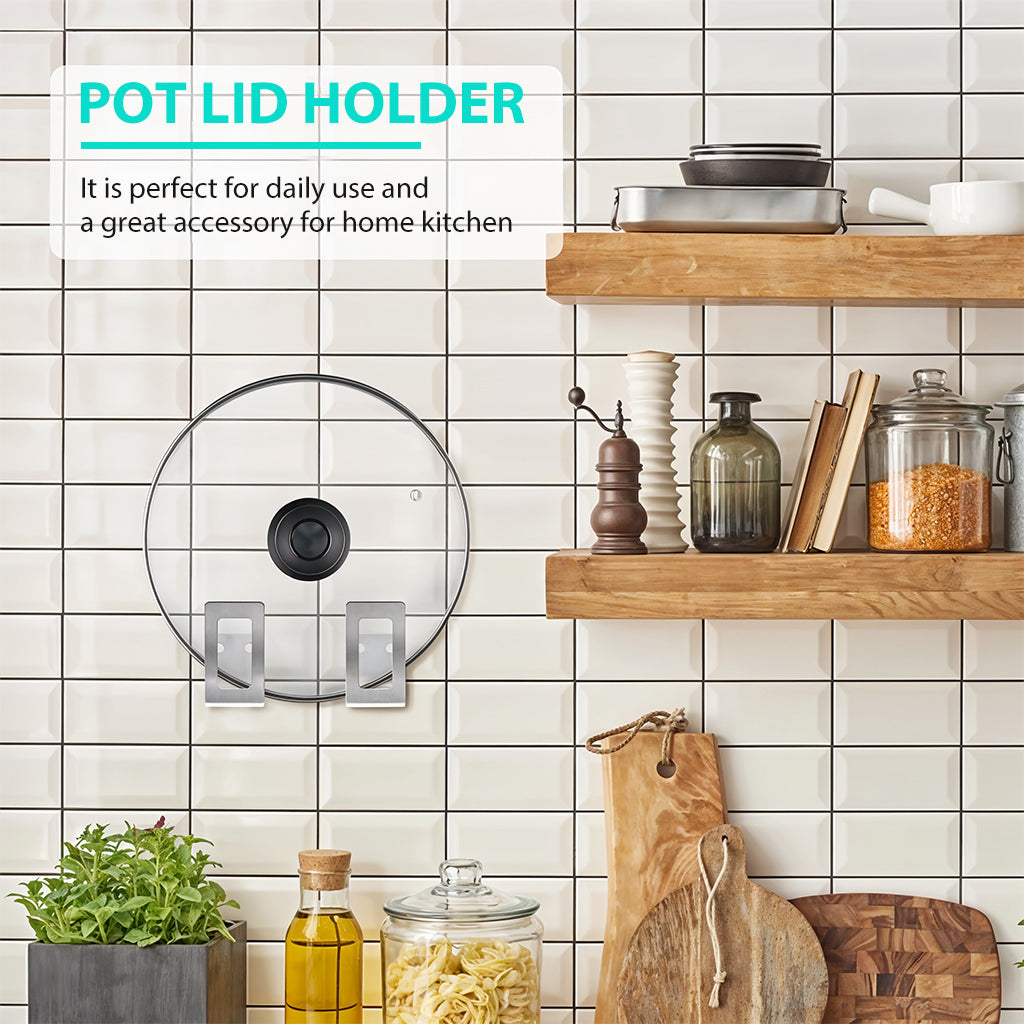 HASTHIP® 4Pcs Wall Pot Lid Holders Rackets Pre-punched Hole Design Stainless Pot Lid Organizer Holder Space Saving Kitchen Utility Wall Brackets for Pot Lids, Pan, Chopping Board