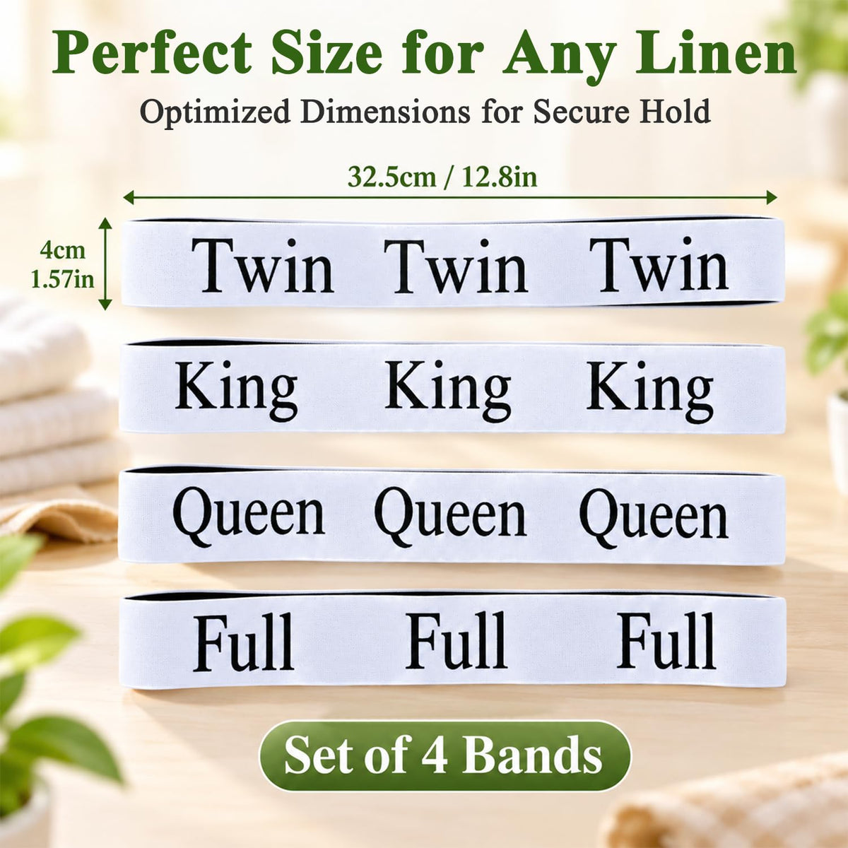 HASTHIP Bed Sheet Organizer Bands, 4-Pack Stretchy Fabric with Twin, Full, Queen and King Labels