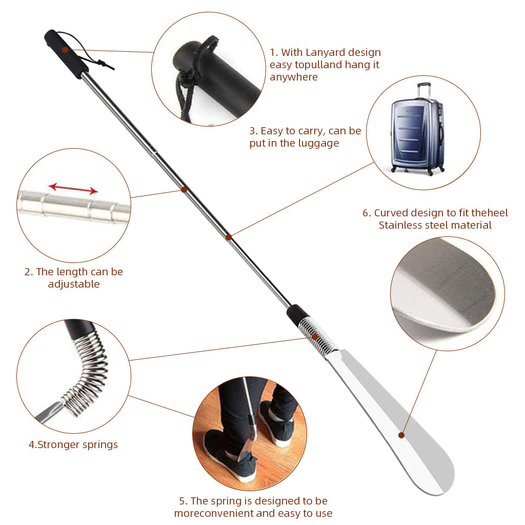 HASTHIP® Retractable Shoe Horn Metal Shoe Horn 30.7 inches Long Handle Stainless Steel Adjustable Shoe Horn Flexible Spring Design Shoe Horn