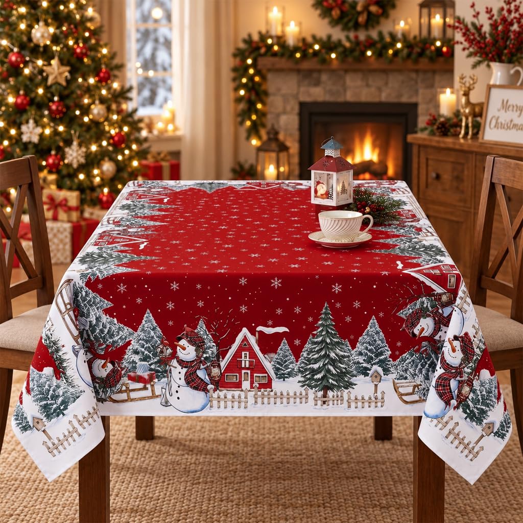 HASTHIP Christmas Tablecloth, 100D Polyester Snowman Pattern, 60 by 90 Inches, 6-Seater Fit