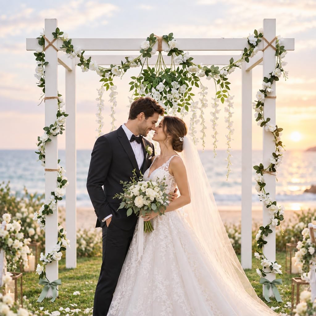 HASTHIP White Artificial Wisteria Garland, 2,5 m with 10 Silk Flower Strands for Wedding Decor