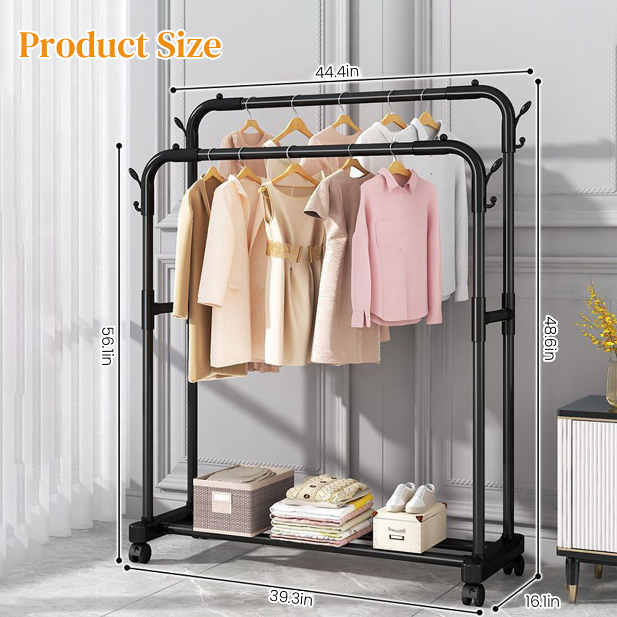 HASTHIP® Garment Organizer Rack Moving Floor Clothes Rack Garment Rack with Wheel Double Layer Metal Clothes Organizer Rack with Utiliy Shoe Rack Multi Purpose Open Garment Organizer Rack