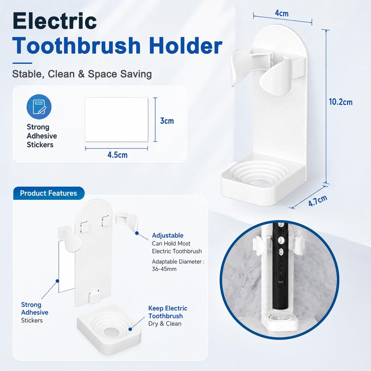 HASTHIP Adjustable Electric Toothbrush Holder with Drainage, Detachable Base and Self-Adhesive Wall Mount