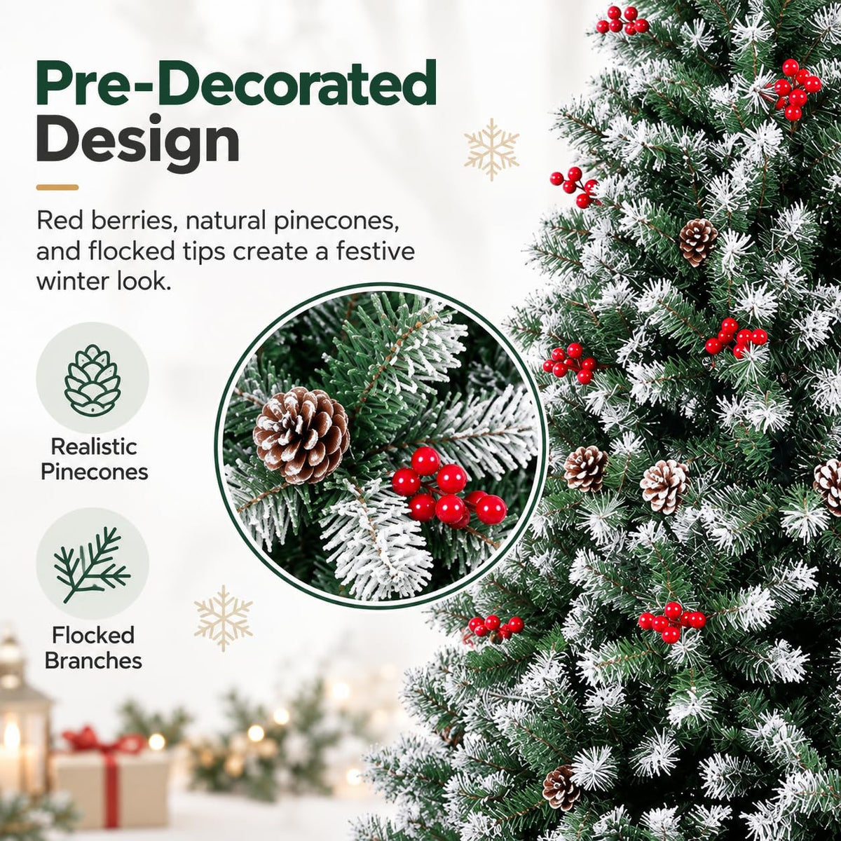 HASTHIP Pre-Decorated Artificial Christmas Tree with Berries, Pine Cones and 650 Branch Tips