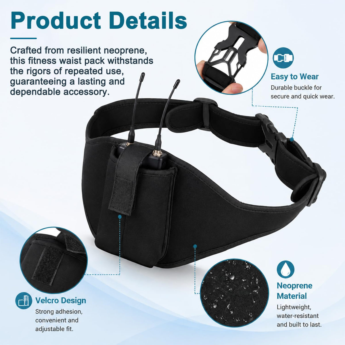 HASTHIP Adjustable Microphone Transmitter Belt Pouch with Quick-Drying, Sweat-Absorbent Strap