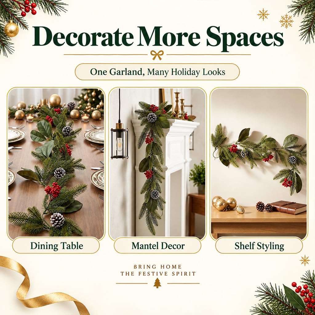 HASTHIP 3.2-Foot Artificial Christmas Garland with Red Berries, Pinecones and Bendable Wire Stem
