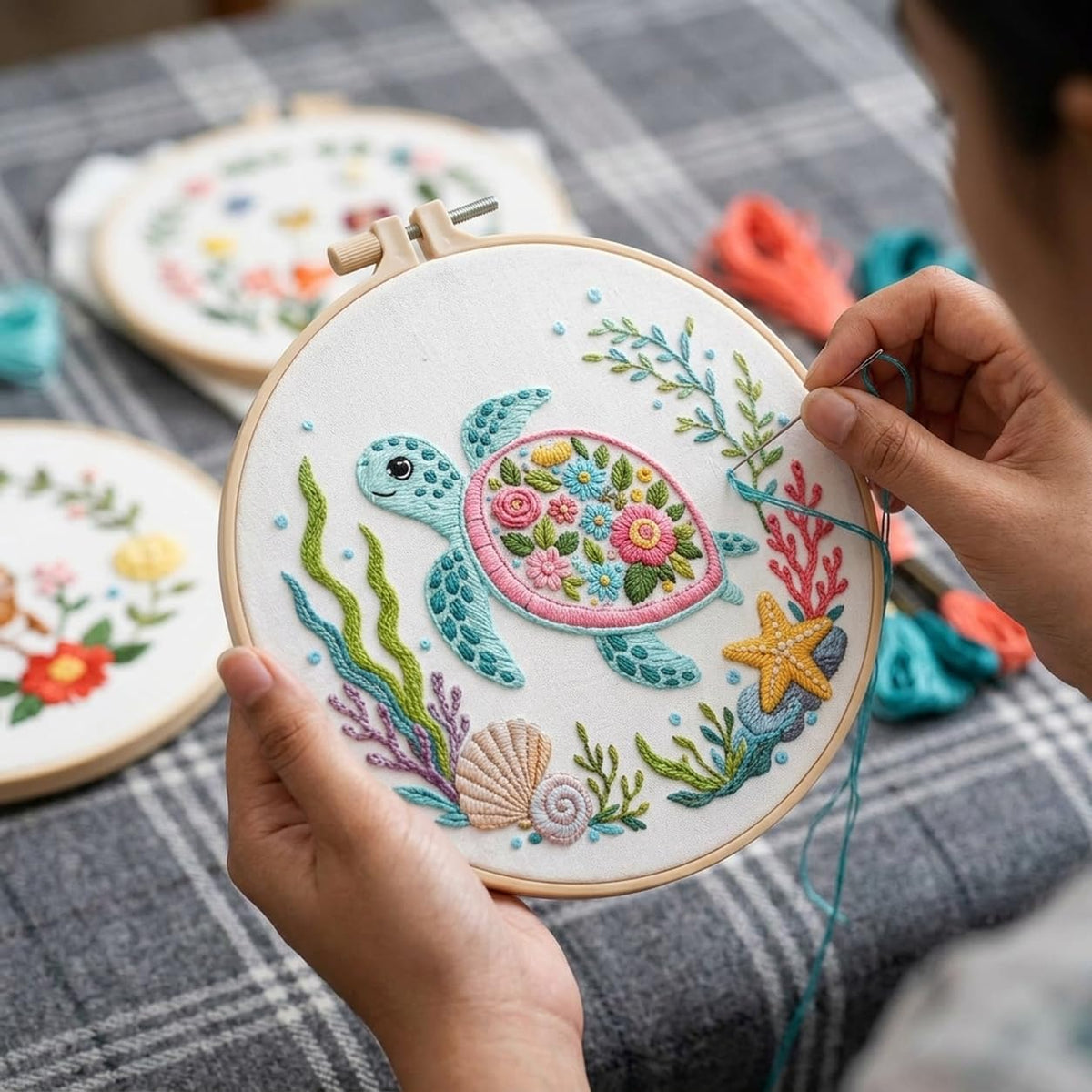 HASTHIP Embroidery Kit with 7.9 Inch PP Hoop, Printed Cotton Canvas and Colorful Threads