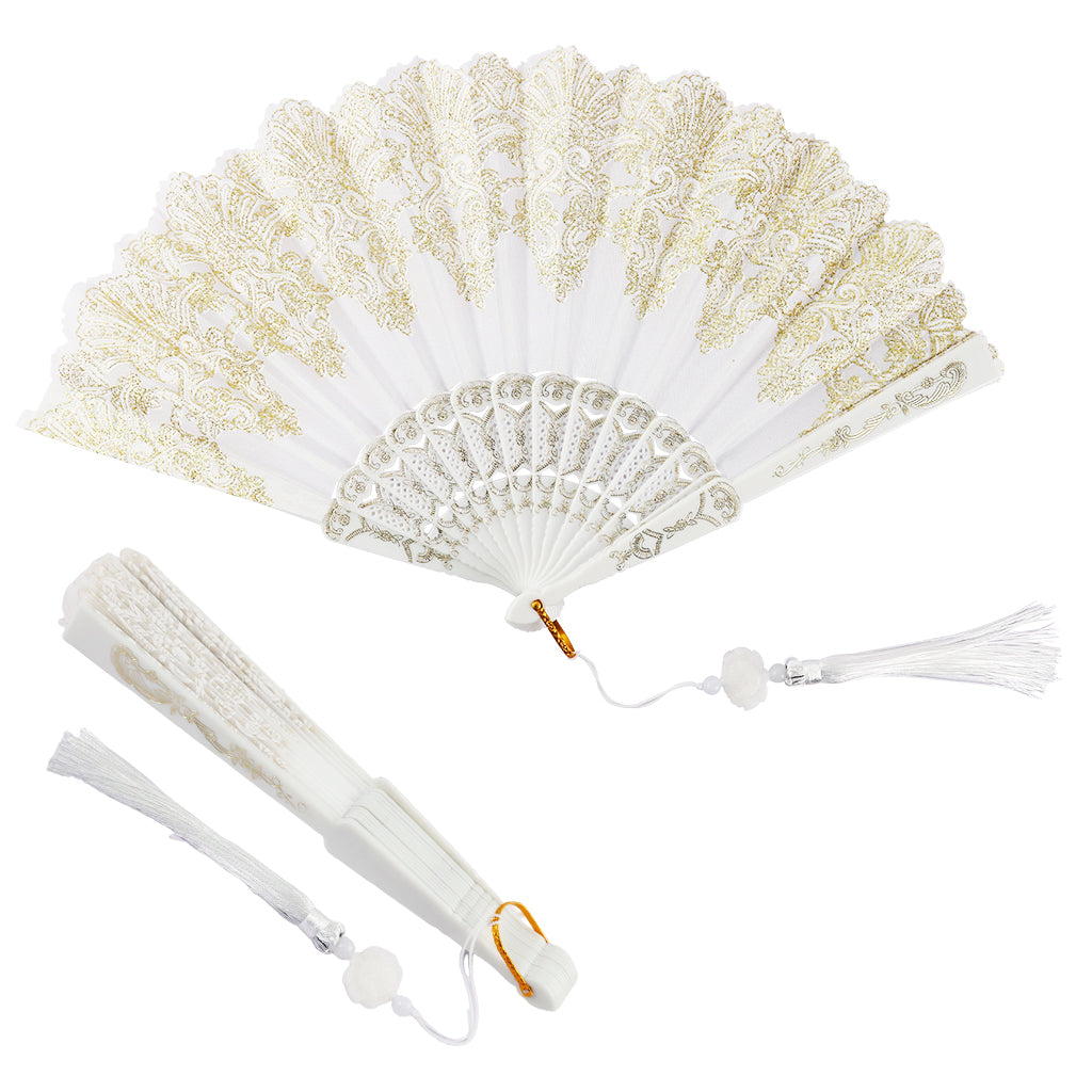 HASTHIP® Hand Fan Elegant White Fabric Hand Fan Traditional Chinese Fan with Tassel Charm Summer Fan Handheld Cooling Fan Travel Hand Fan Gift for Girls Women, 9 inches