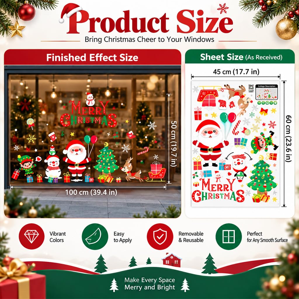 HASTHIP Christmas Window Clings, Large Double-Sided PVC Decals for Reusable Holiday Glass Decor