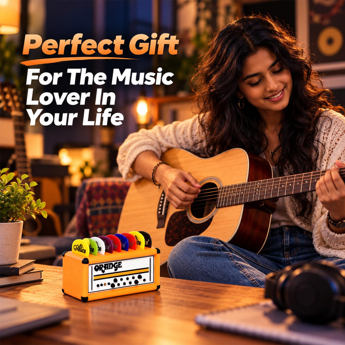 HASTHIP Orange Guitar Pick Holder Box with Amp Speaker Style, 9 Slots and No Assembly Needed