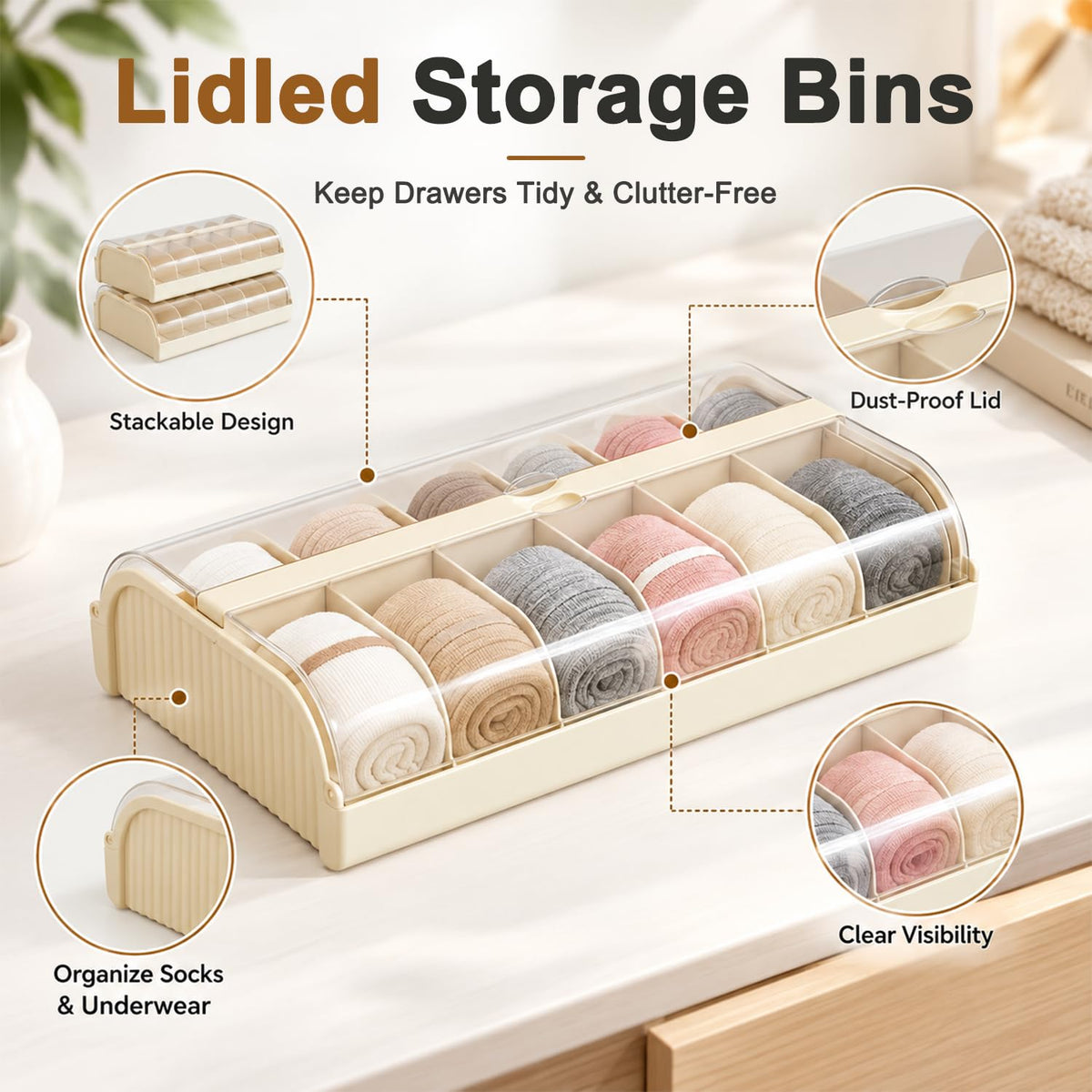 HASTHIP 12-Cell PET Plastic Storage Organizer, Milky White with Clear Lid, Stackable for Socks and Underwear