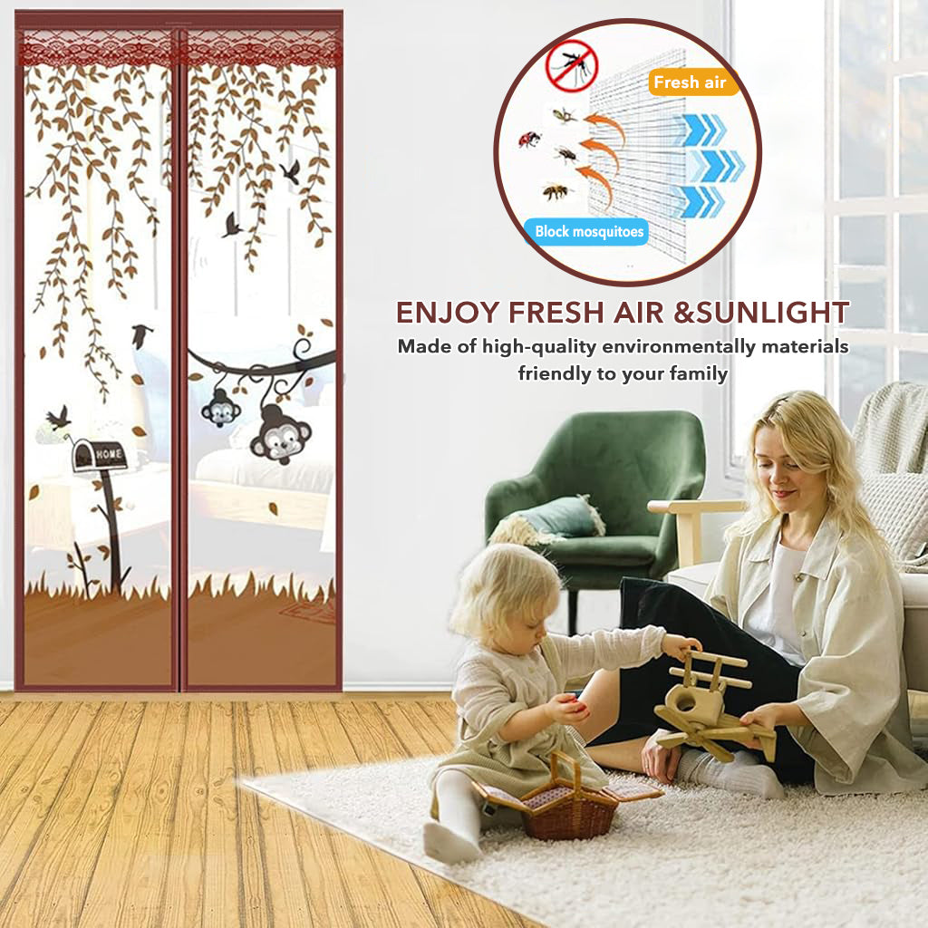HASTHIP® Screen Door Mesh 39.37x 82.68 Inches Fashion Cartoon Mesh Screen Door Mosquito Proof Self Sealing Door Room Partition Screen Removable Hook and Loop Mesh Screen Door