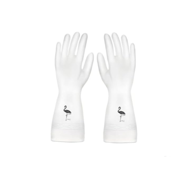 HASTHIP® 1 Pair of Flamingo-Patterned Reusable Cleaning Gloves, Rubber Household Gloves, Waterproof, Latex-Free, Comfortable Grip, Kitchen Dishwashing, Gardening, Food Prep, Long Sleeve, Medium Size