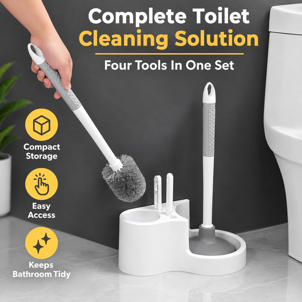 HASTHIP 4-in-1 Toilet Brush and Plunger Set with Crevice Brush, Hair Tongs and White Holder