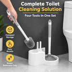 HASTHIP 4-in-1 Toilet Brush and Plunger Set with Crevice Brush, Hair Tongs and White Holder