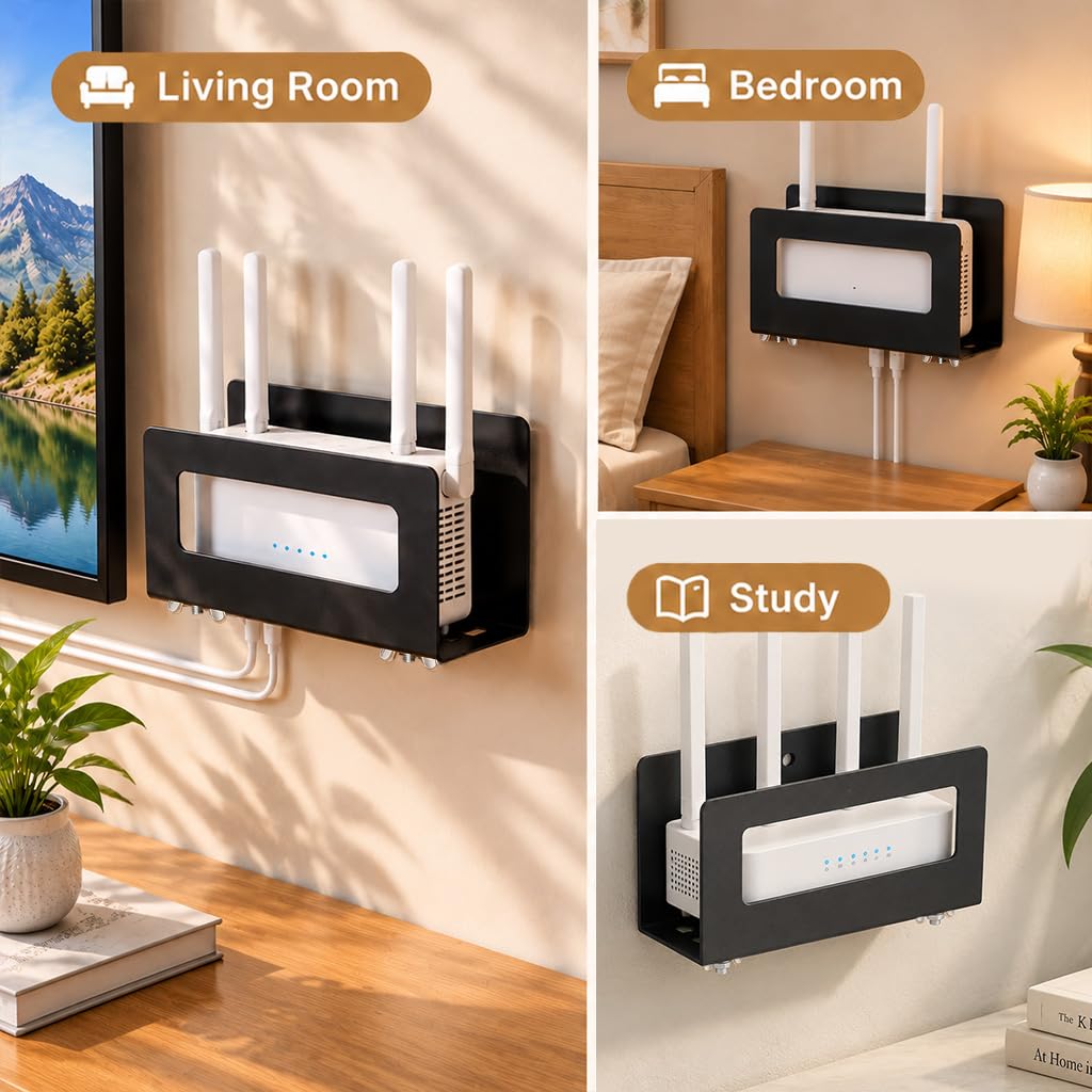 HASTHIP Adhesive Router Wall Shelf in Black Steel with Ventilation and Drill-Free Space-Saving Design