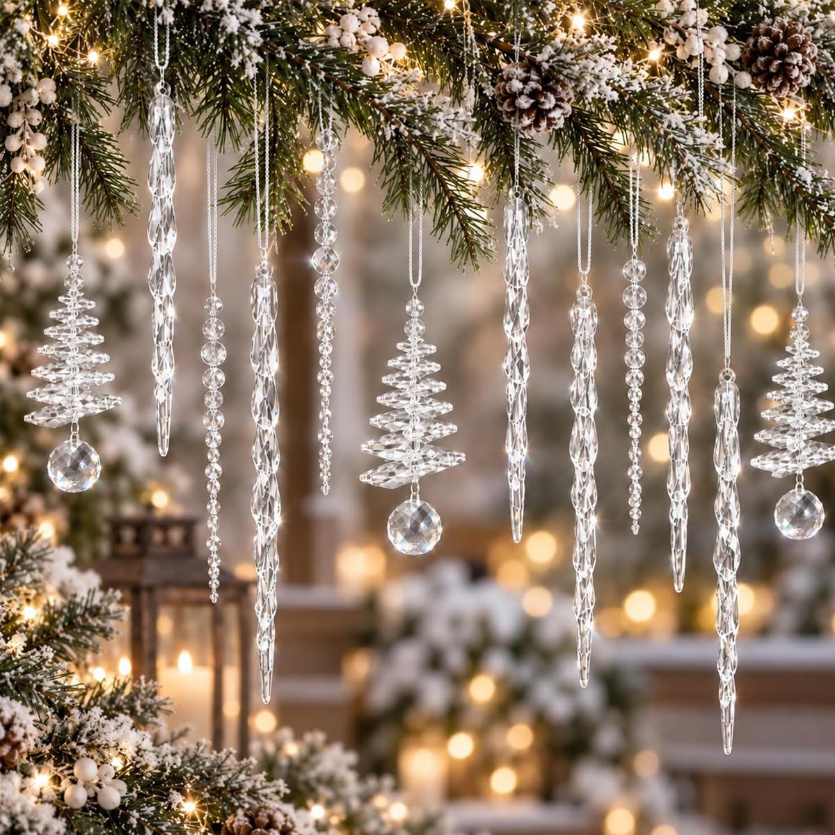 HASTHIP 24-Piece Acrylic Icicle Christmas Tree Ornaments with Three Winter Styles and Lanyards