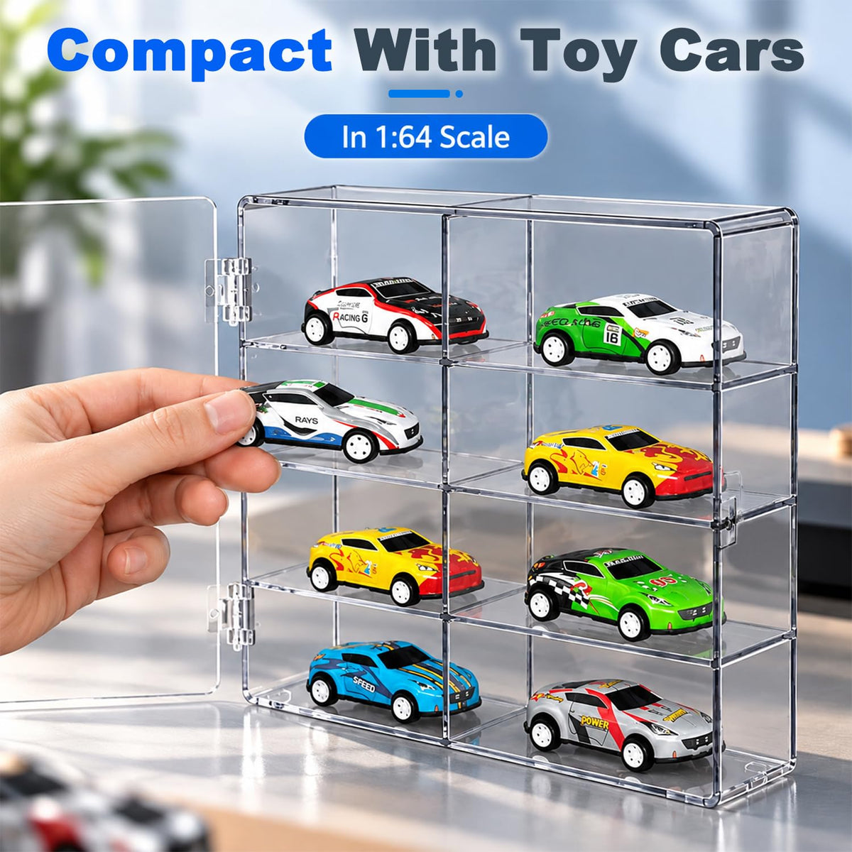 HASTHIP 8-Slot Grey Transparent Car Display Case for 1/64 Scale Cars, Stackable and Wall-Mountable