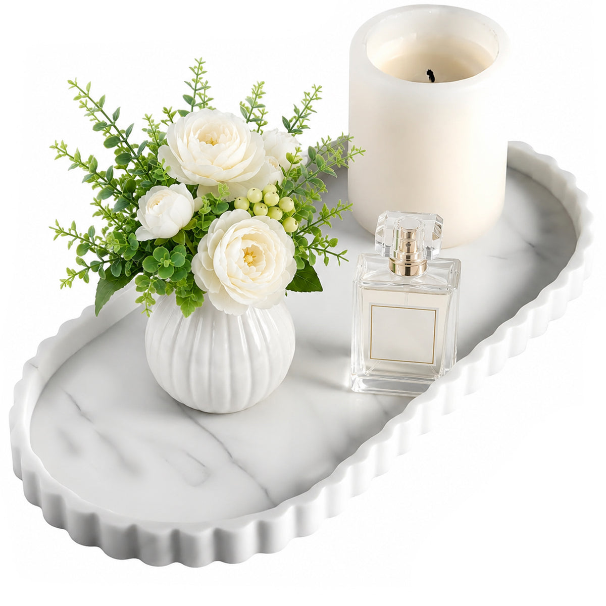 HASTHIP Silicone Vanity Tray with White Marble Look, Lace Edge and Easy-Wipe Surface for Home