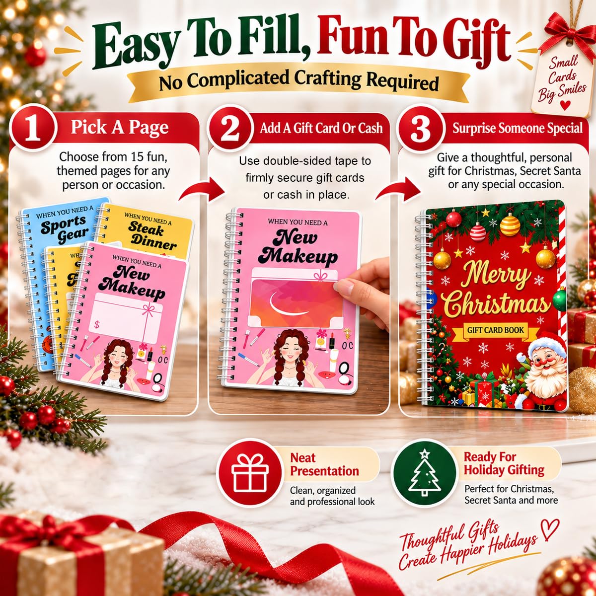 HASTHIP Christmas Gift Card Book, Spiral Bound with 16 Themed Pages, 5x7 Inch Size for DIY Holiday Gifting