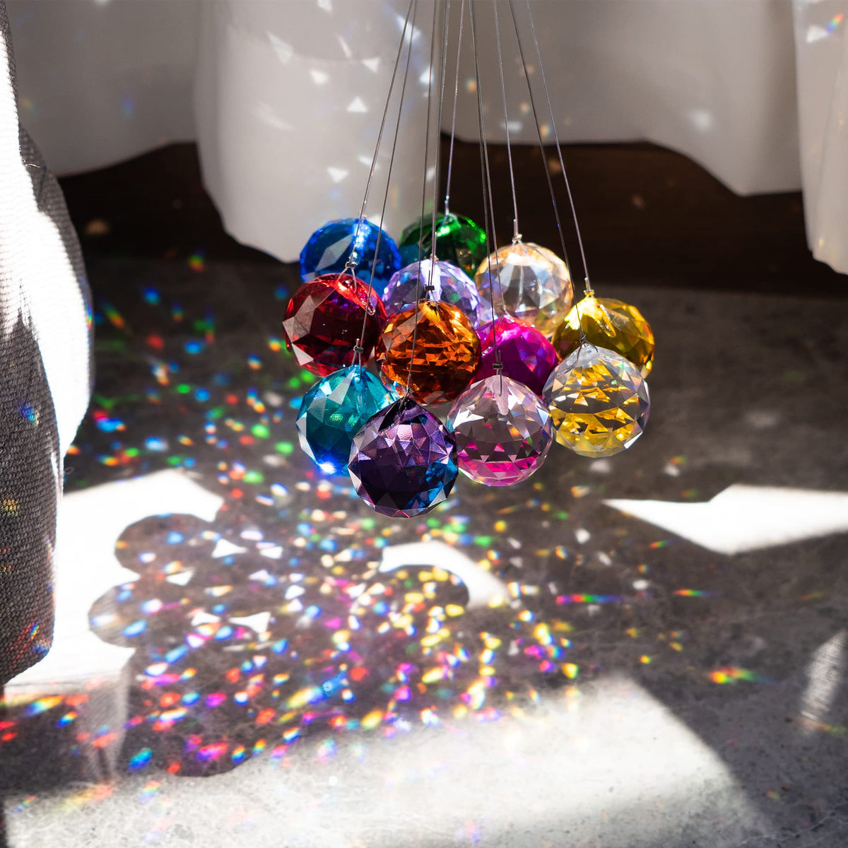 HASTHIP 12 Pcs 20mm Multicolor Crystal Ball Prism Suncatchers Steel Wire Rope And Ring