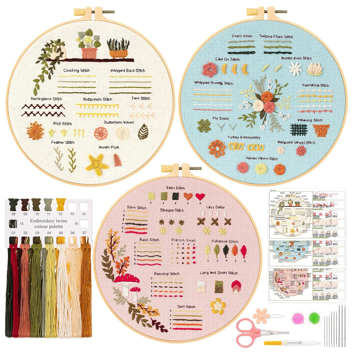 HASTHIP® 3 Sets DIY Embroidery Kit for Beginners Pre-Embroideried Stitch Practice Kit for Beginners Adults, Stitch Practice Kit, Includes Cloth with Pattern, Hoop, Colorful Threads and Scissors