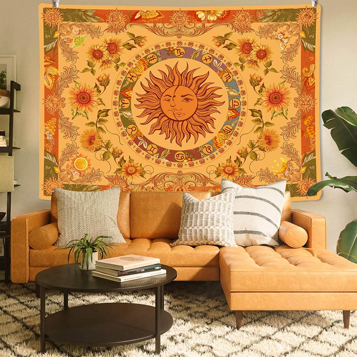 HASTHIP® Sun and Moon Tapestry, Aesthetic Sun Moon Sunflower Tapestry, Retro Tapestries Wall Art Tapestry Cover Wall Hanging Room Decor for Bedroom Livingroom, 51x59 inches
